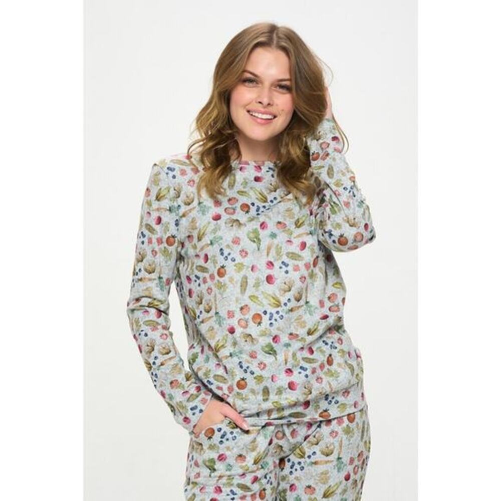 SM Wardrobe Vegetable Print Long Sleeve Crew Neck Pullover Top